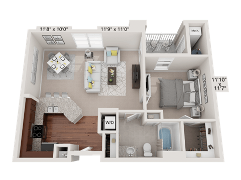 Floor plan for 1 bed, 1 bath, 779 sqft